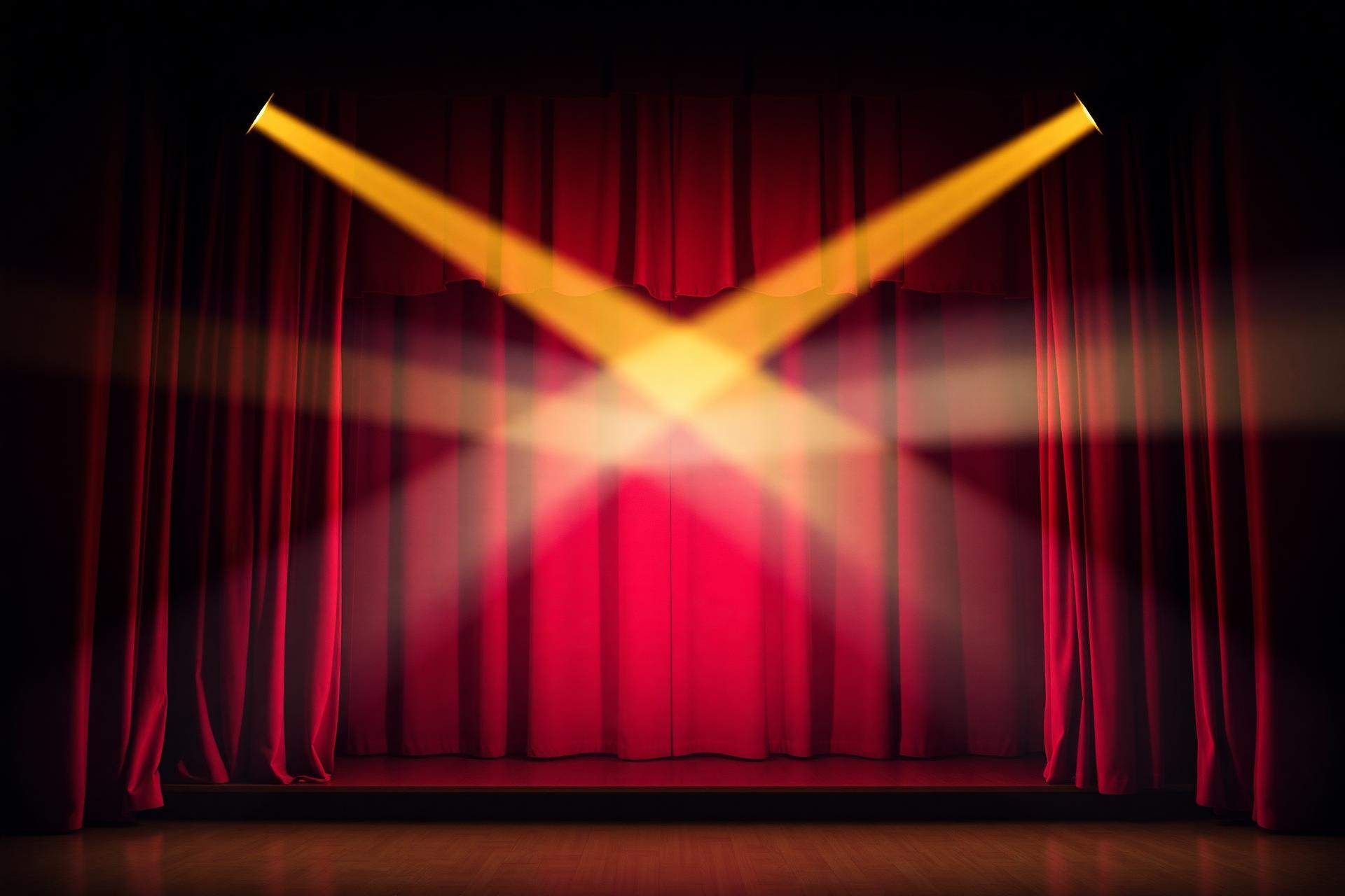 Escenario con cortinas rojas iluminado por focos dorados